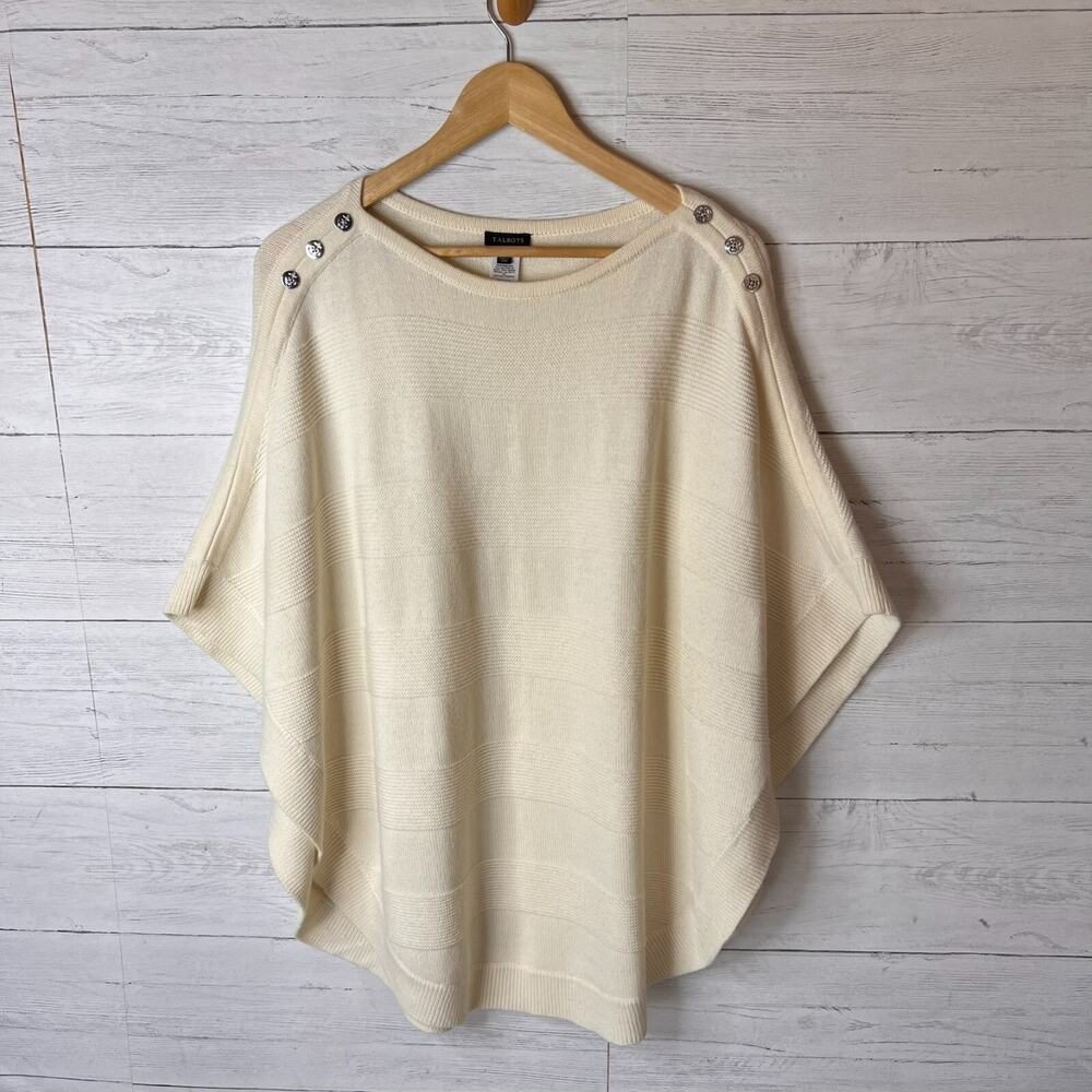 Talbots Sweater Womens Size Small Ivory Poncho Nautical Buttons Cape Lambs Wool - Picture 3 of 16